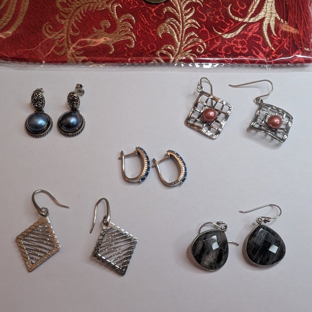 Lot of 5 Pairs Modern 925 Sterling Silver Earrings + Jewelry pouch